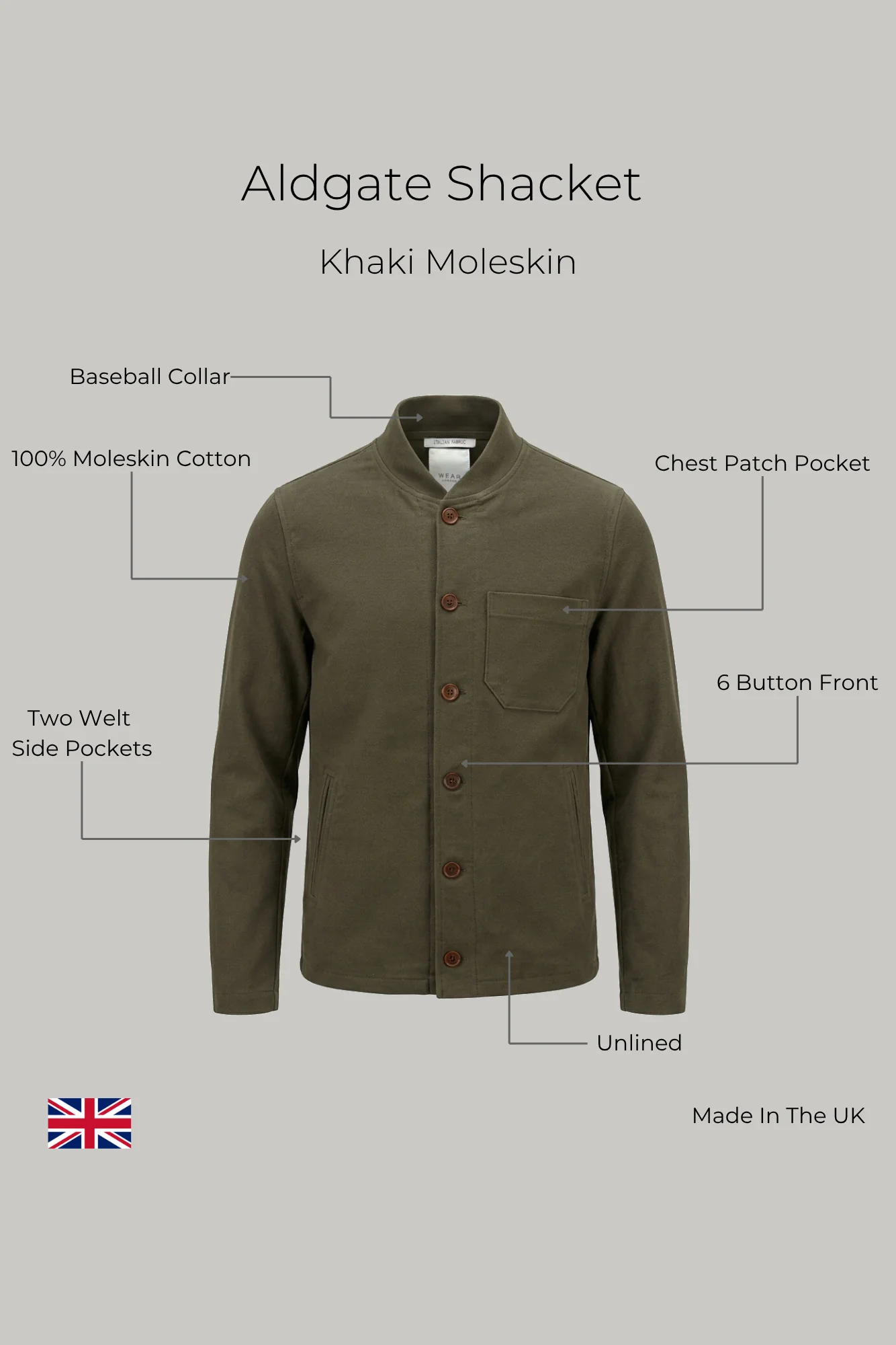 Aldgate Baseball Shacket - Khaki Moleskin - Image 5