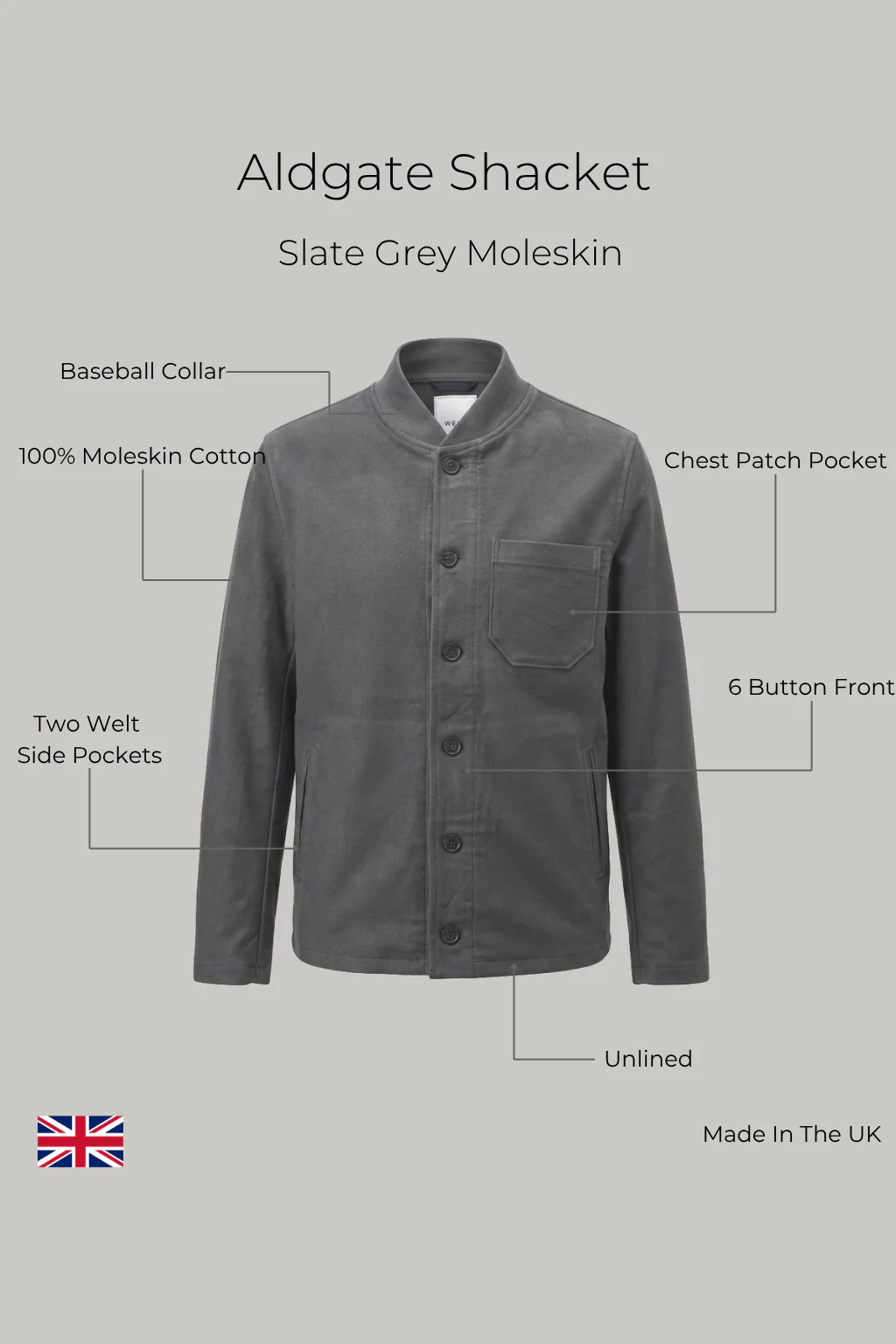 Aldgate Baseball Shacket - Slate Grey Moleskin - Image 3