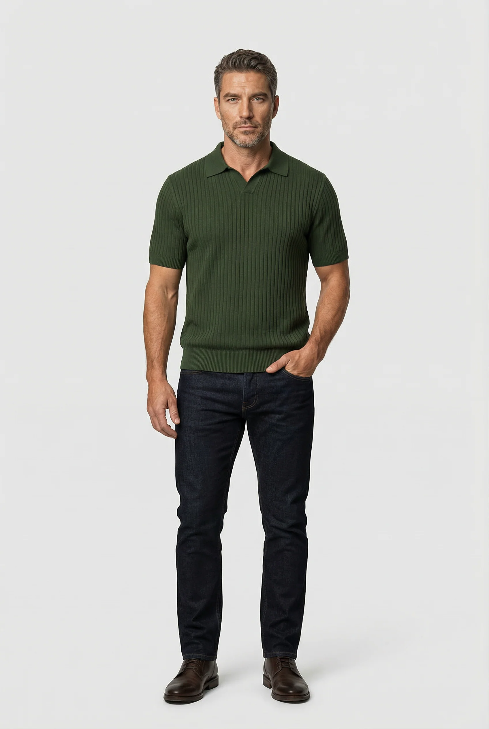 Barbican - V Neck Jacquard - Olive - Image 5