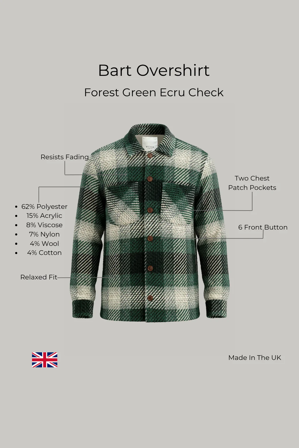 Bart Overshirt - Forest Green Ecru Check - Image 4