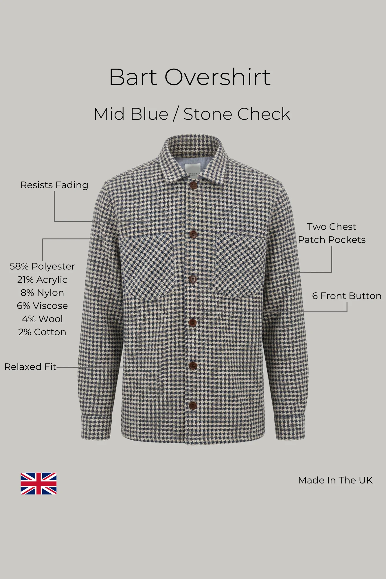 Bart Overshirt - Mid Blue / Stone Check - Image 5