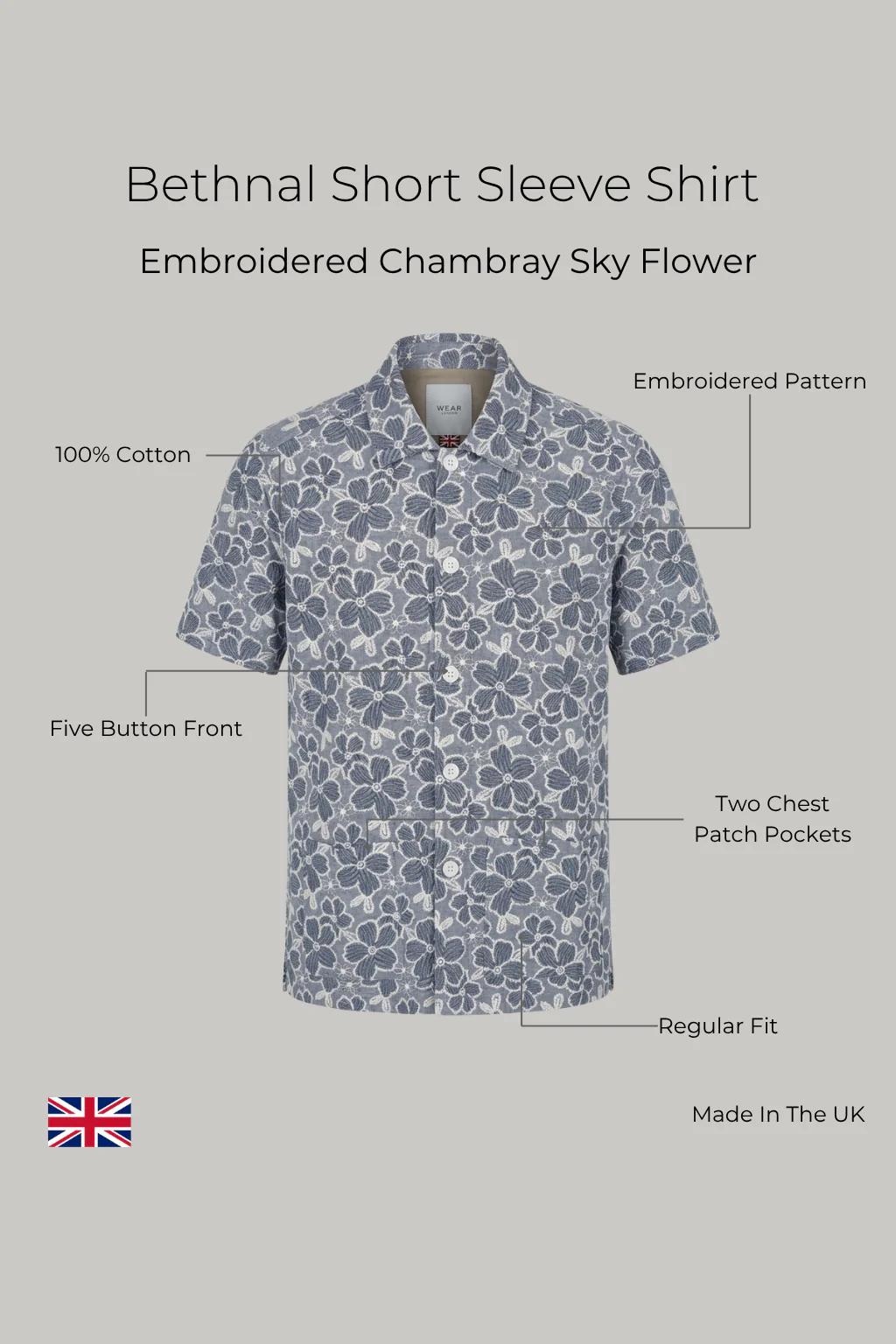 Bethnal Short Sleeve Shirt - Embroidered Chambray Sky Flower - Image 7