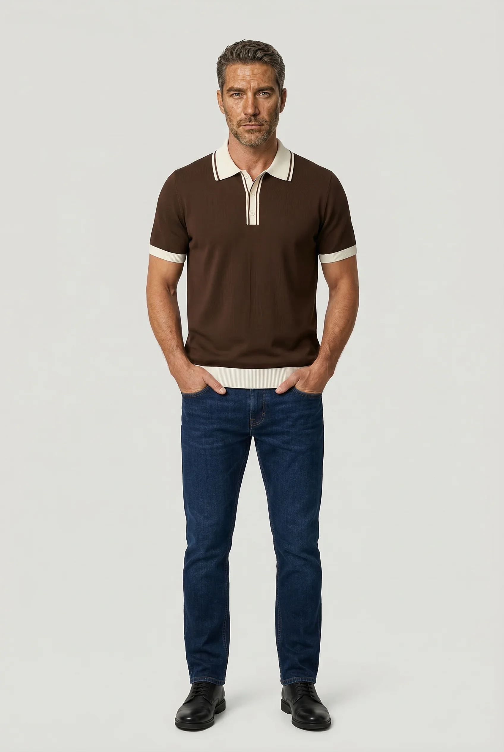 Camden - Plain Polo Knitwear - Chocolate Ecru - Image 4