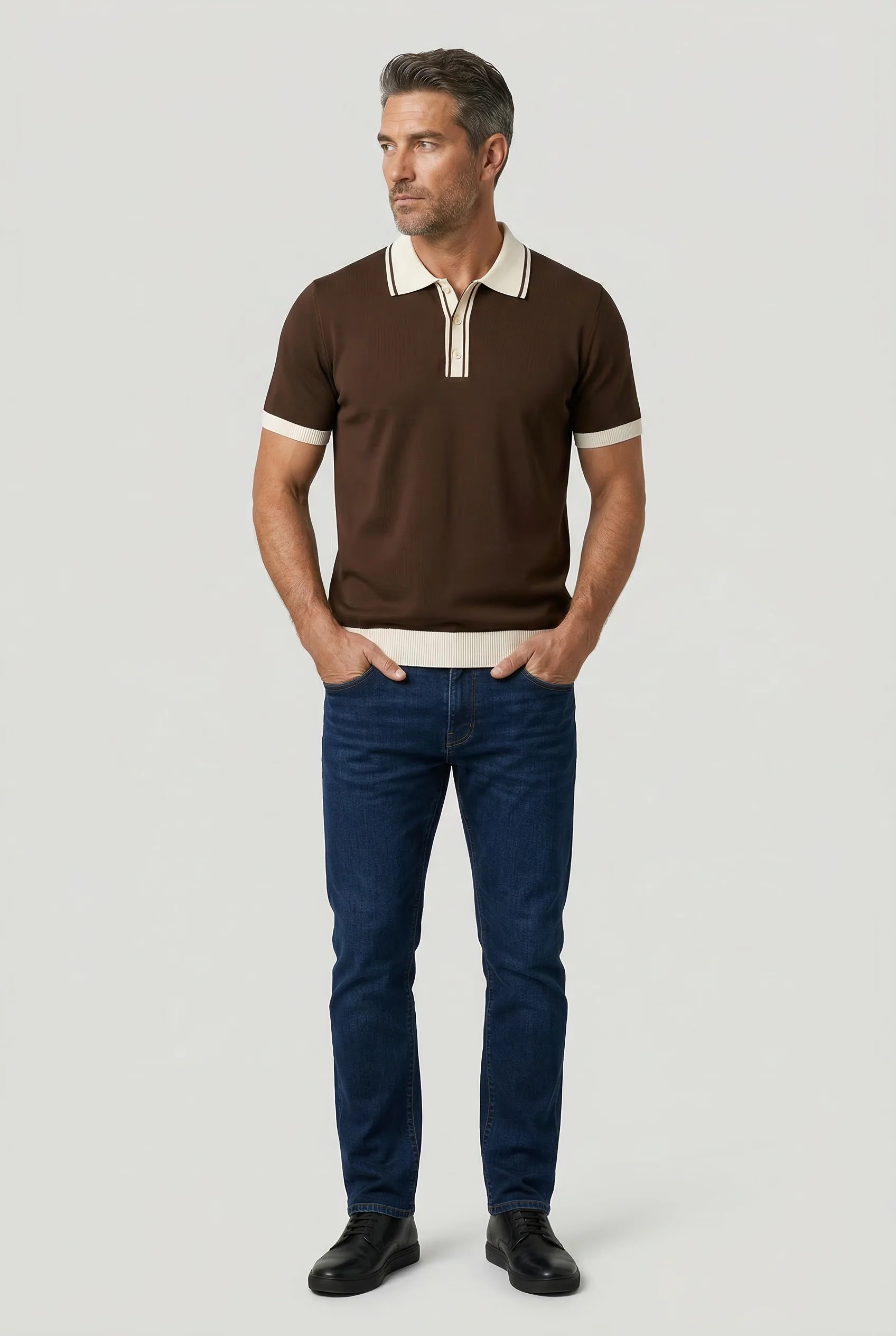 Camden - Plain Polo Knitwear - Chocolate Ecru - Image 5