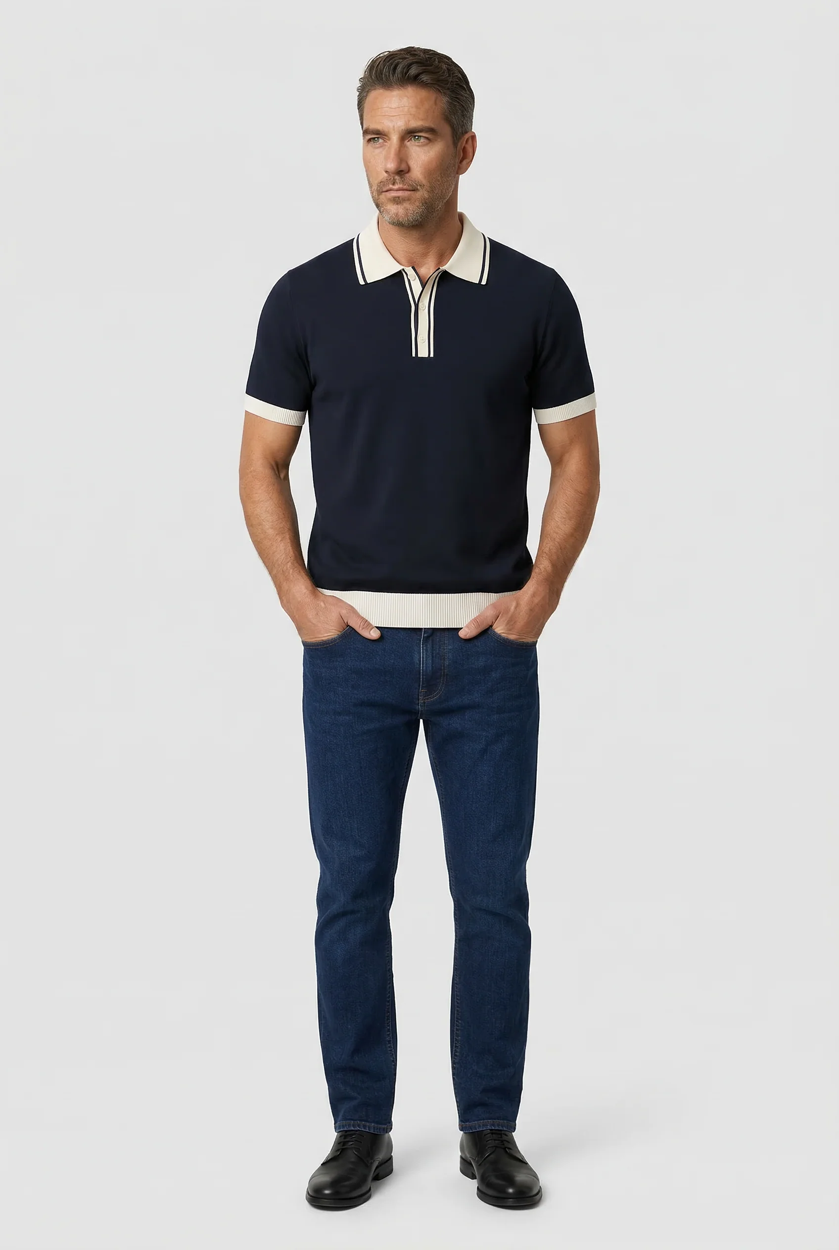 Camden - Plain Polo Knitwear - Navy Ecru - Image 5