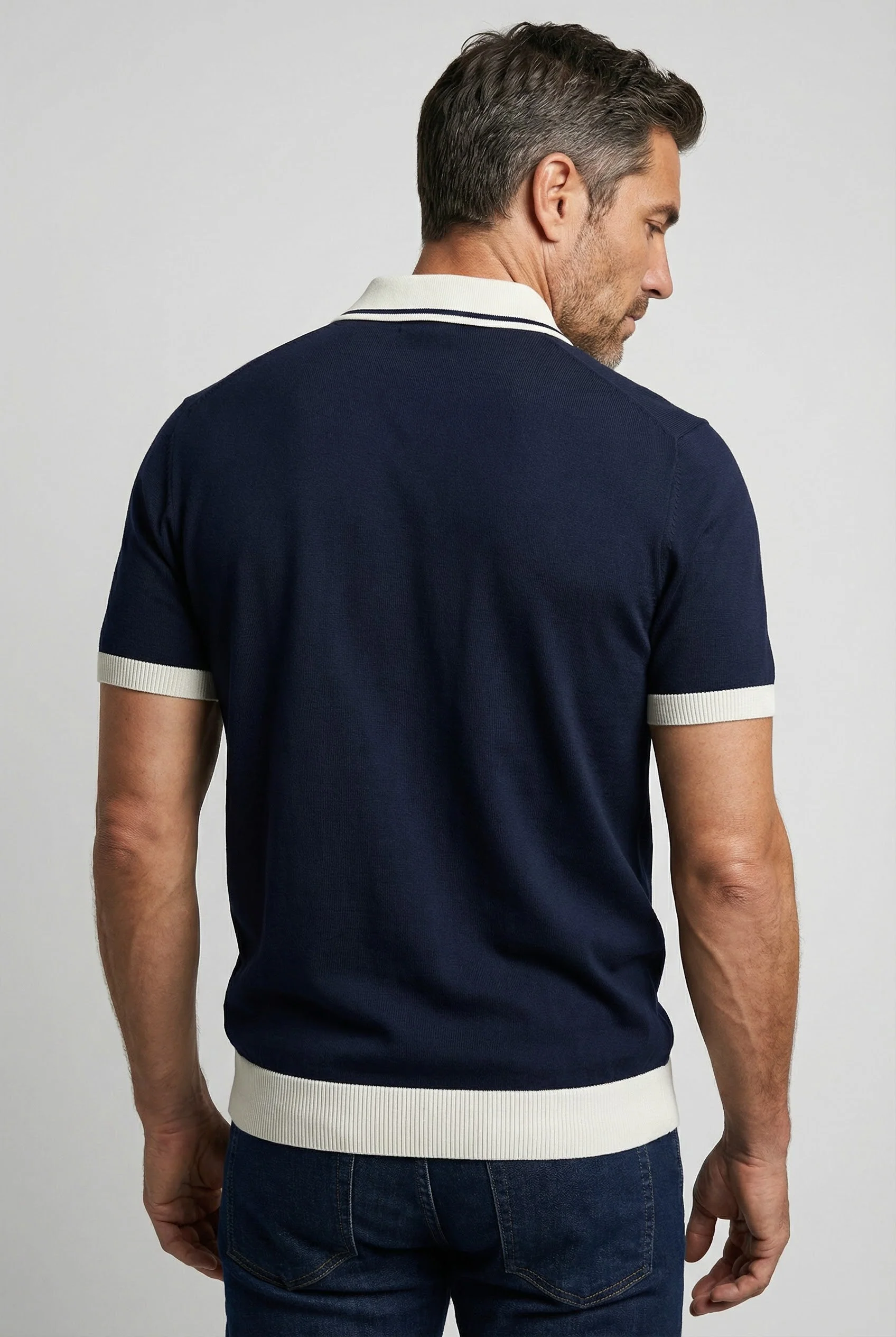 Camden - Plain Polo Knitwear - Navy Ecru - Image 6