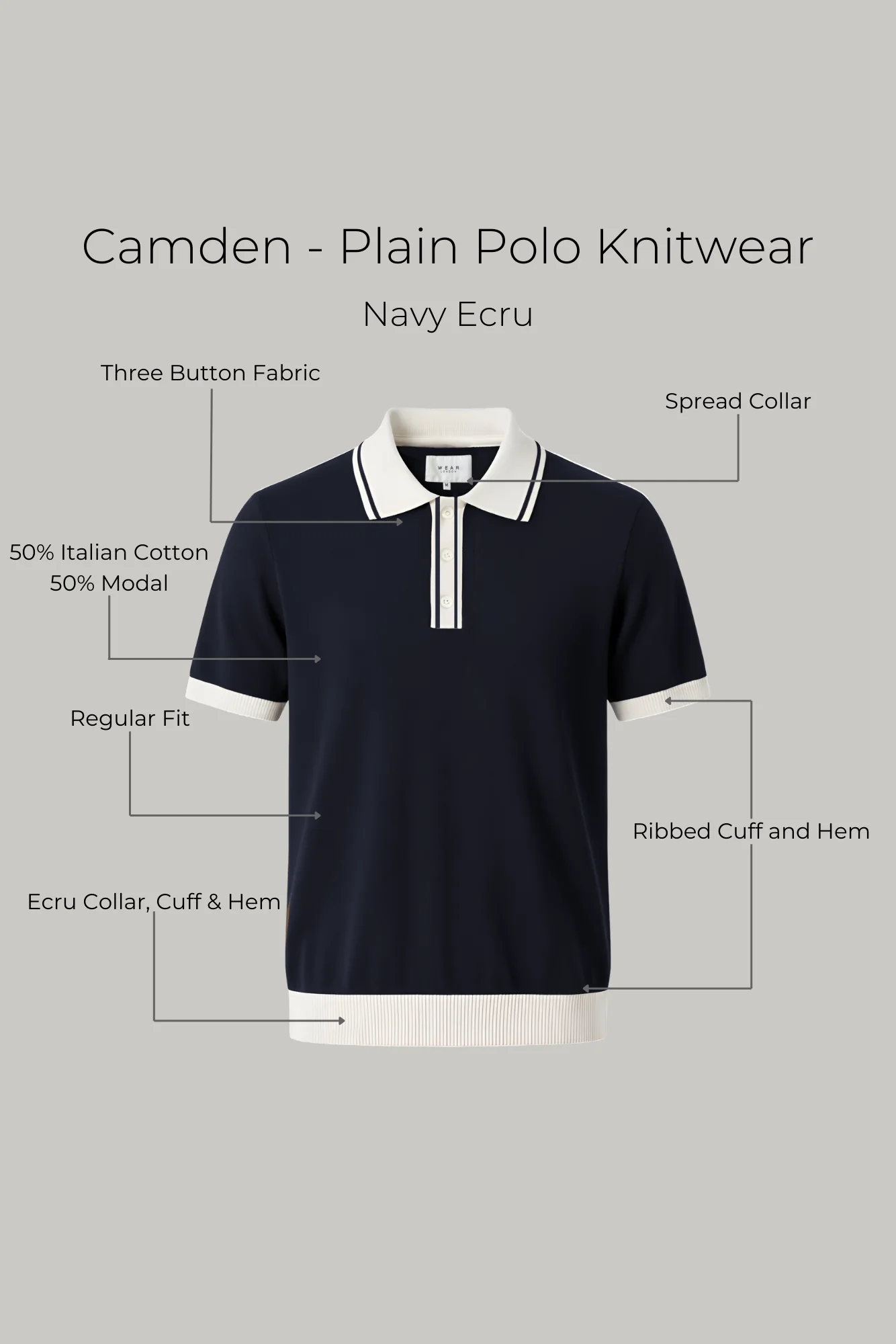 Camden - Plain Polo Knitwear - Navy Ecru - Image 8