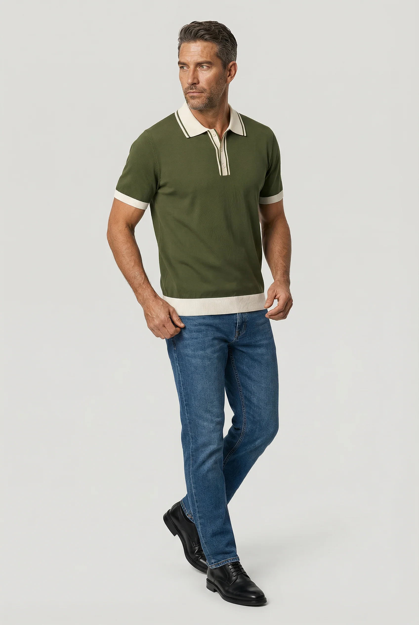 Camden - Plain Polo Knitwear - Olive Ecru - Image 4