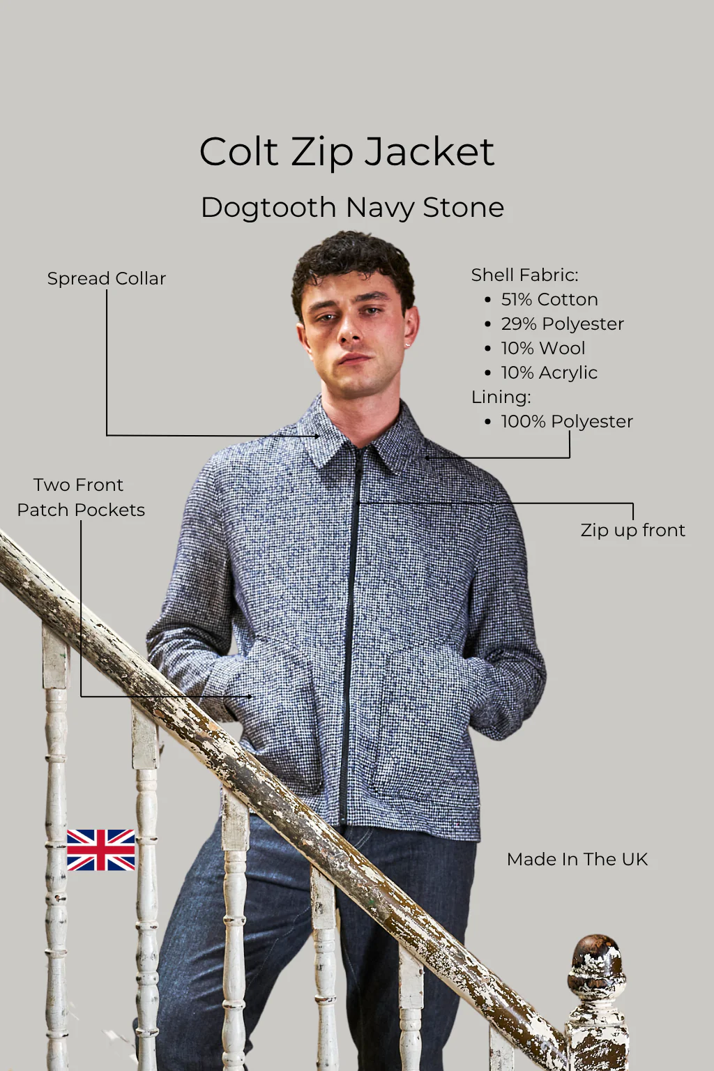 Colts Zip Shacket - Dogtooth Navy Stone - Image 3