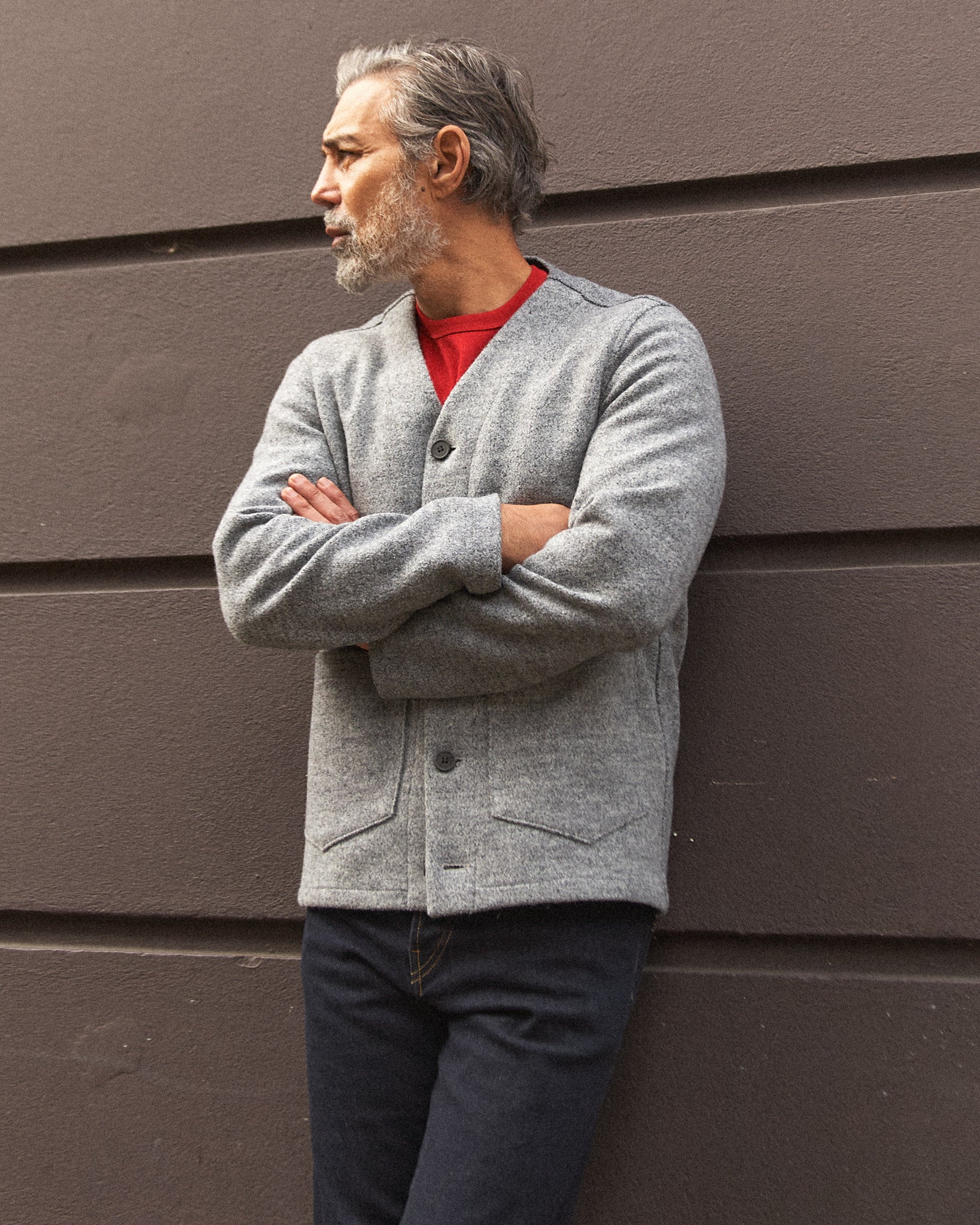 Fleming V-Neck Shacket - Light Grey Boiled Wool - Image 4