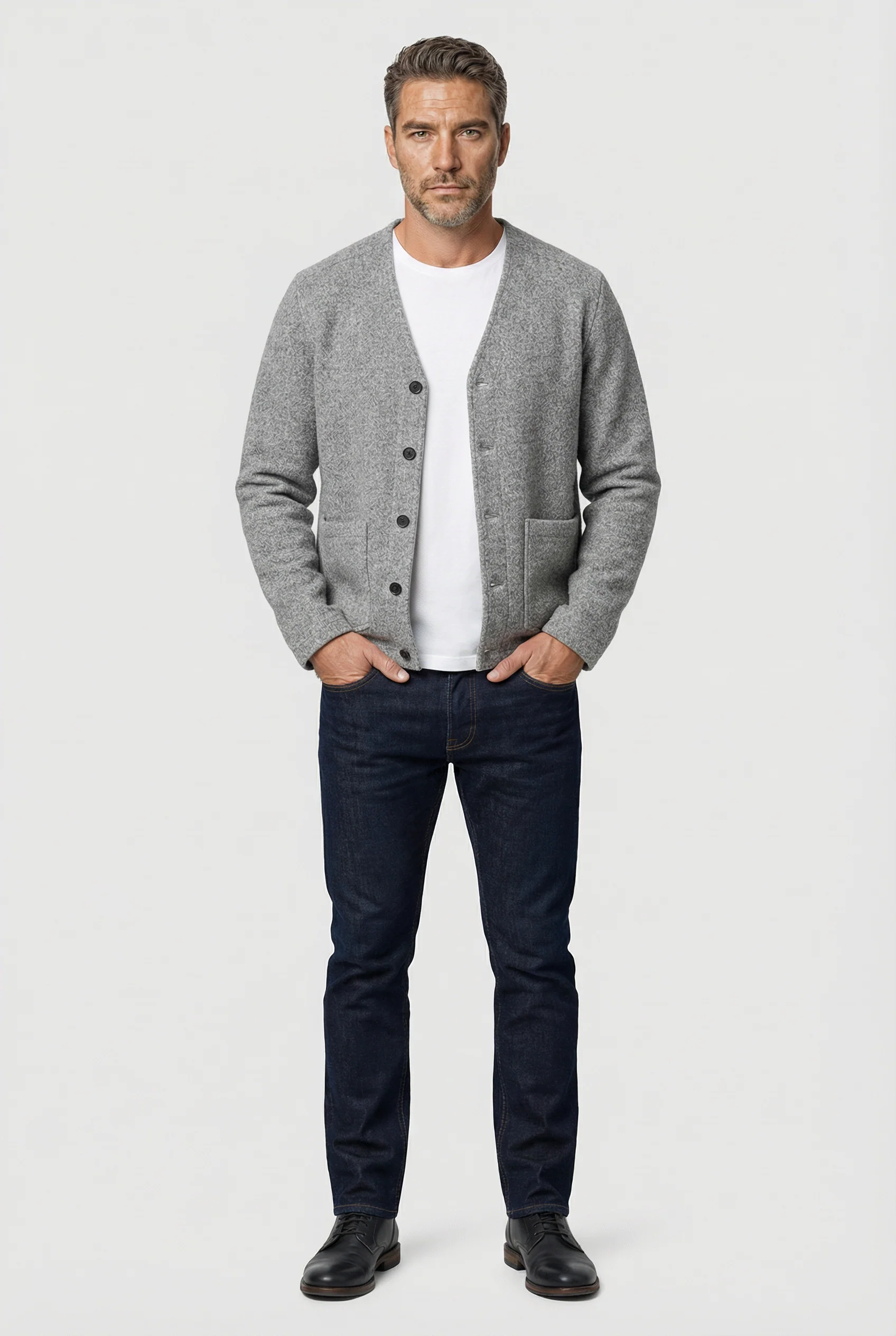 Fleming V-Neck Shacket - Light Grey Boiled Wool - Image 5