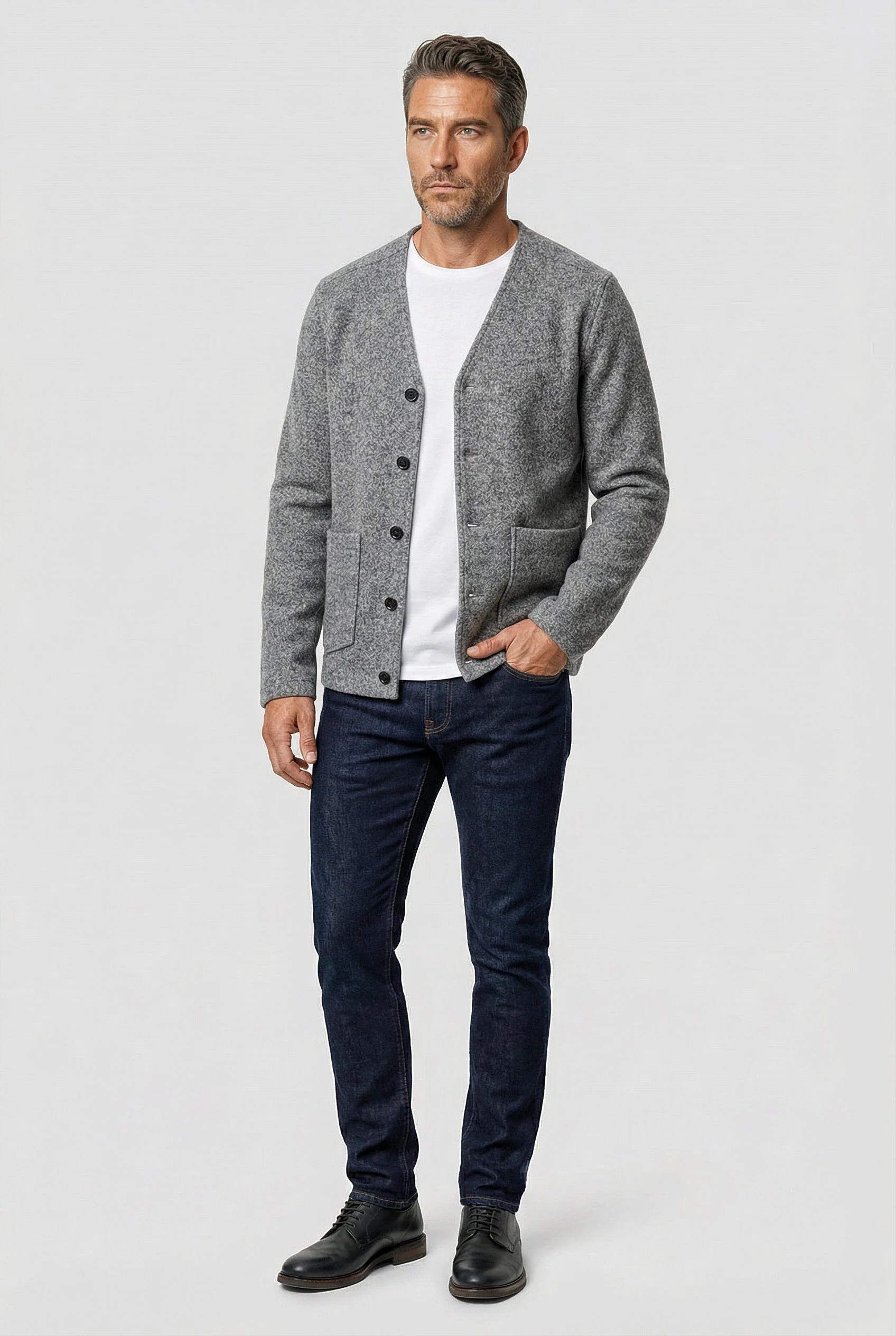 Fleming V-Neck Shacket - Light Grey Boiled Wool - Image 6