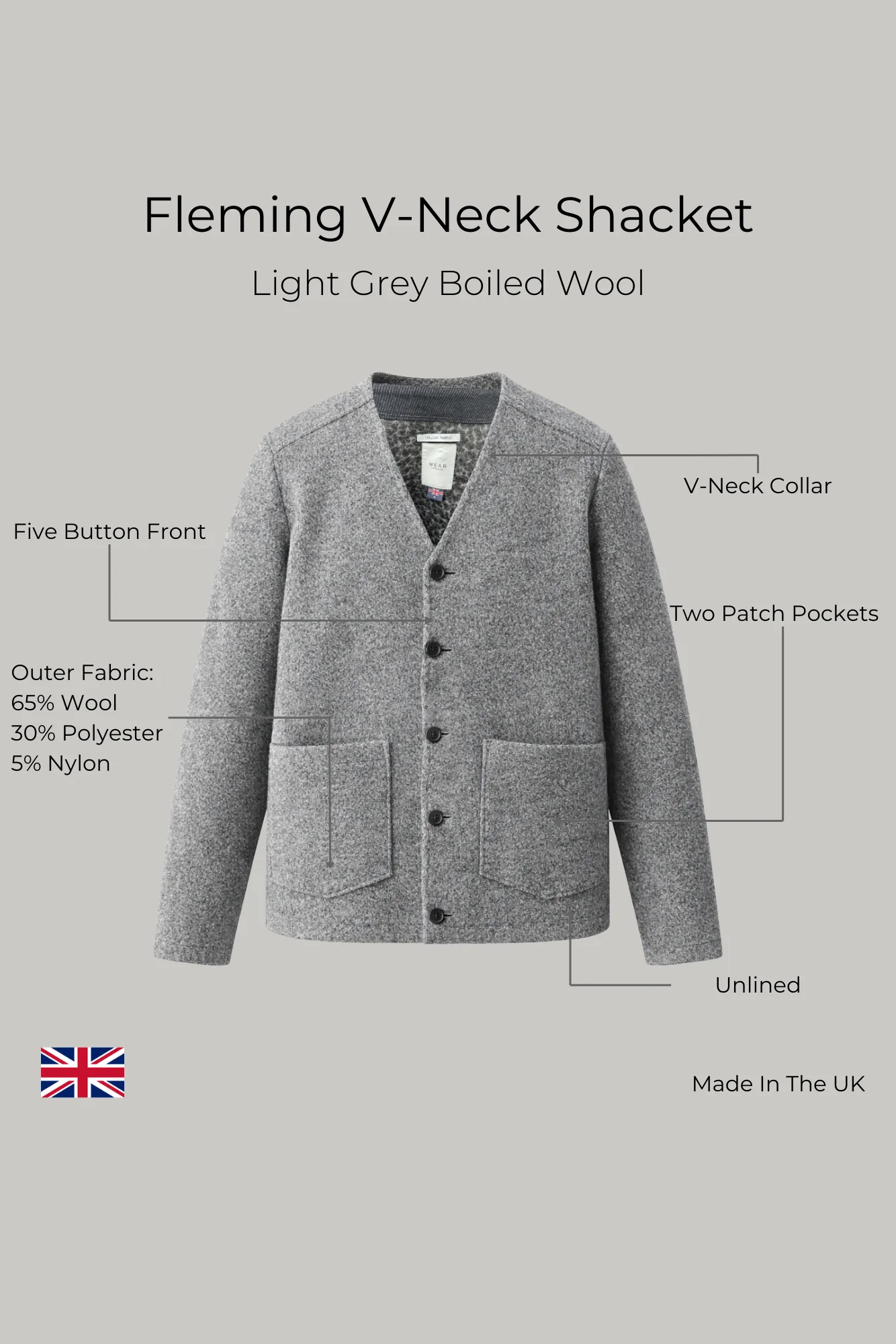 Fleming V-Neck Shacket - Light Grey Boiled Wool - Image 9