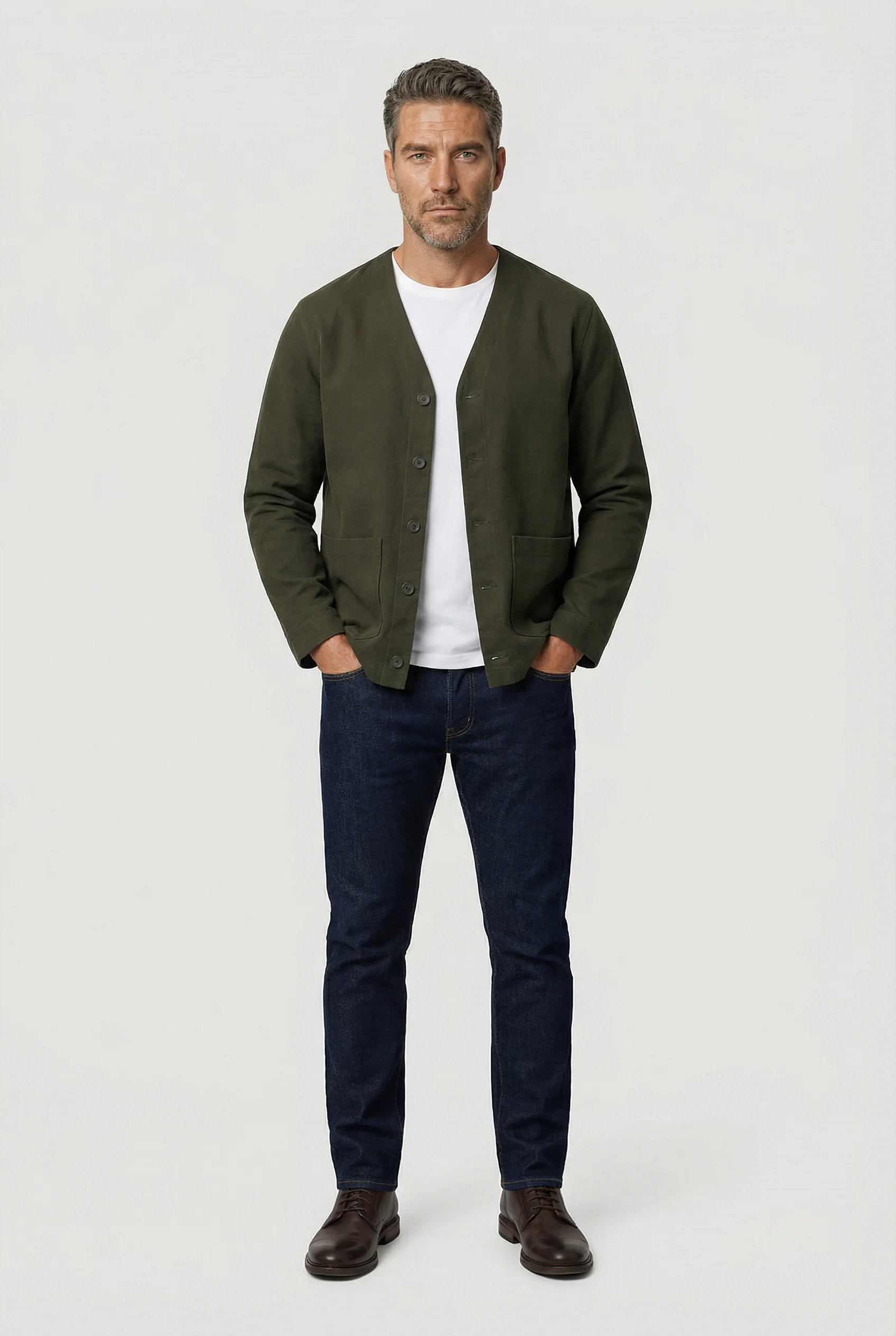 Fleming V-Neck Shacket - Olive Moleskin - Image 5