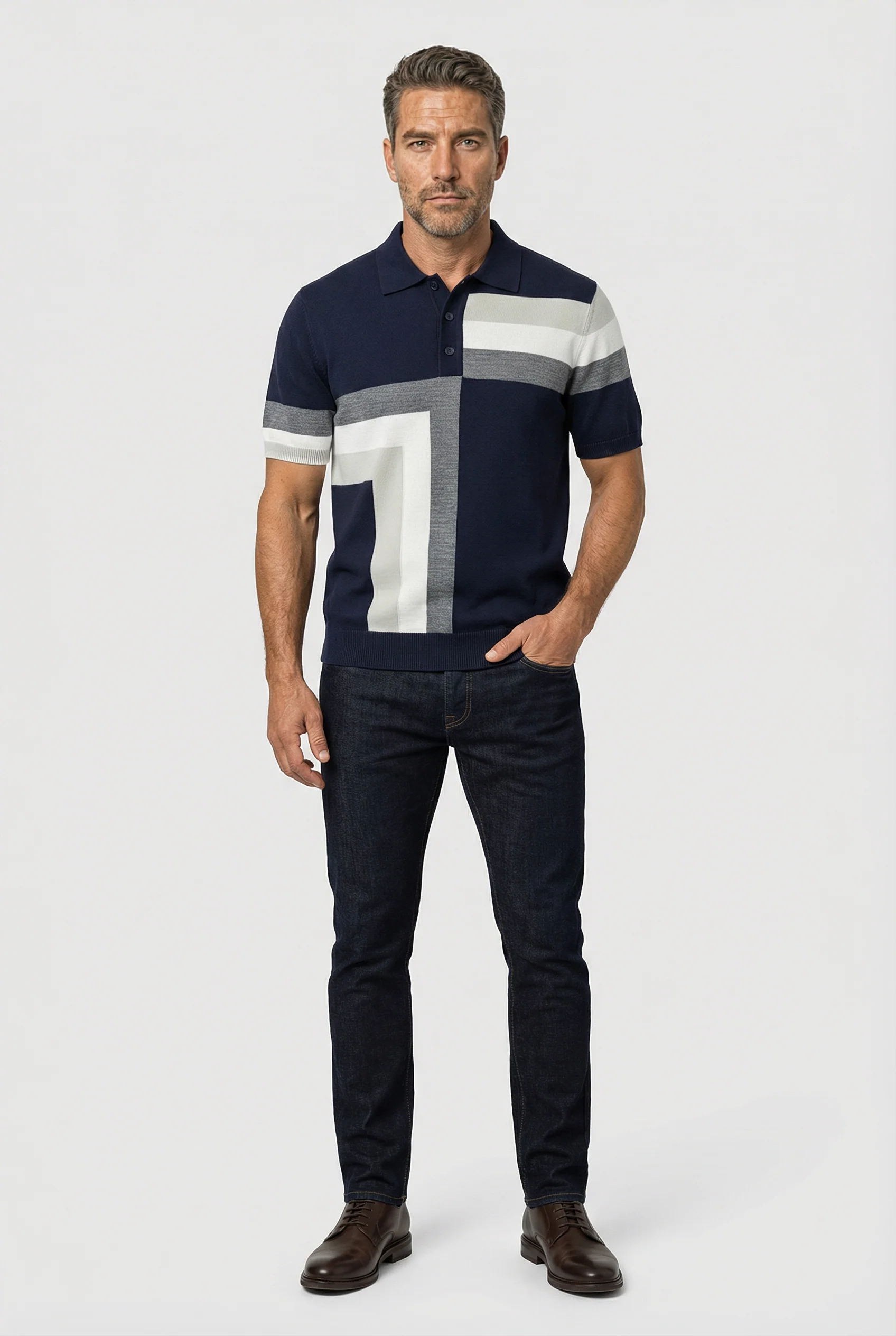 Hampstead - 3 Button Polo - Navy ecru grey - Image 4