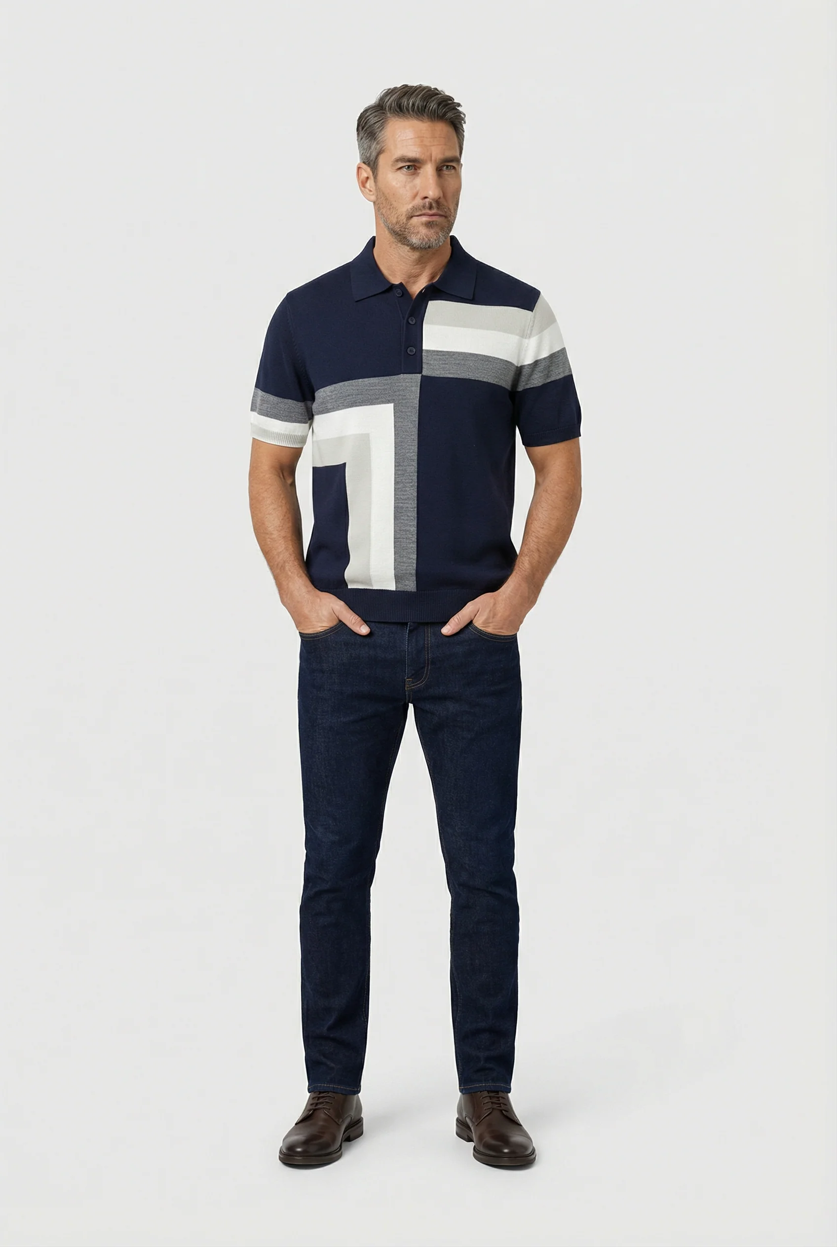 Hampstead - 3 Button Polo - Navy ecru grey - Image 5