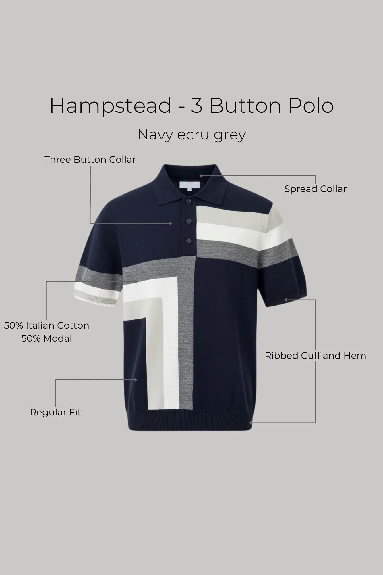 Hampstead - 3 Button Polo - Navy ecru grey - Image 8
