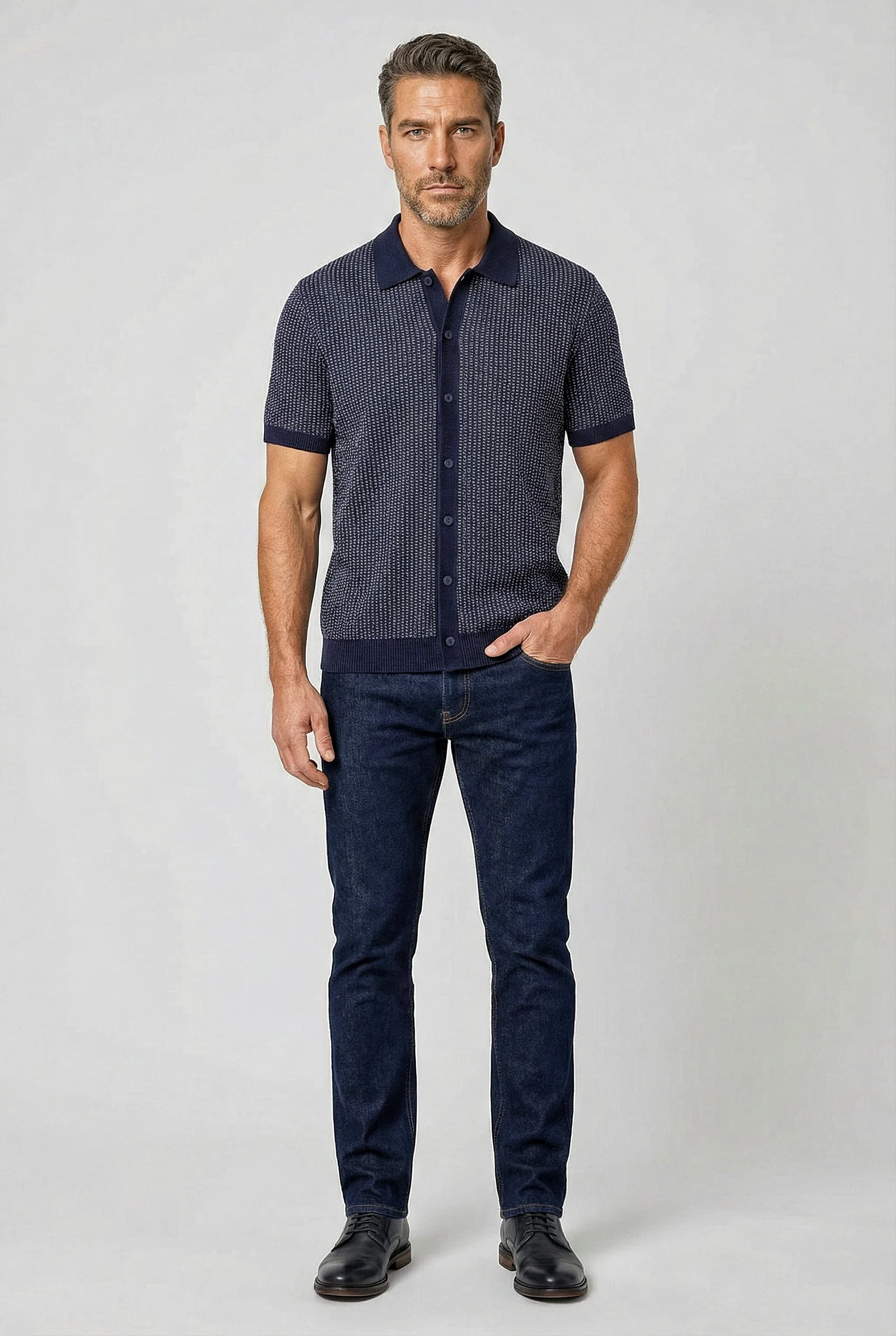 Lambeth - Button Through Knitwear - Navy - Image 3