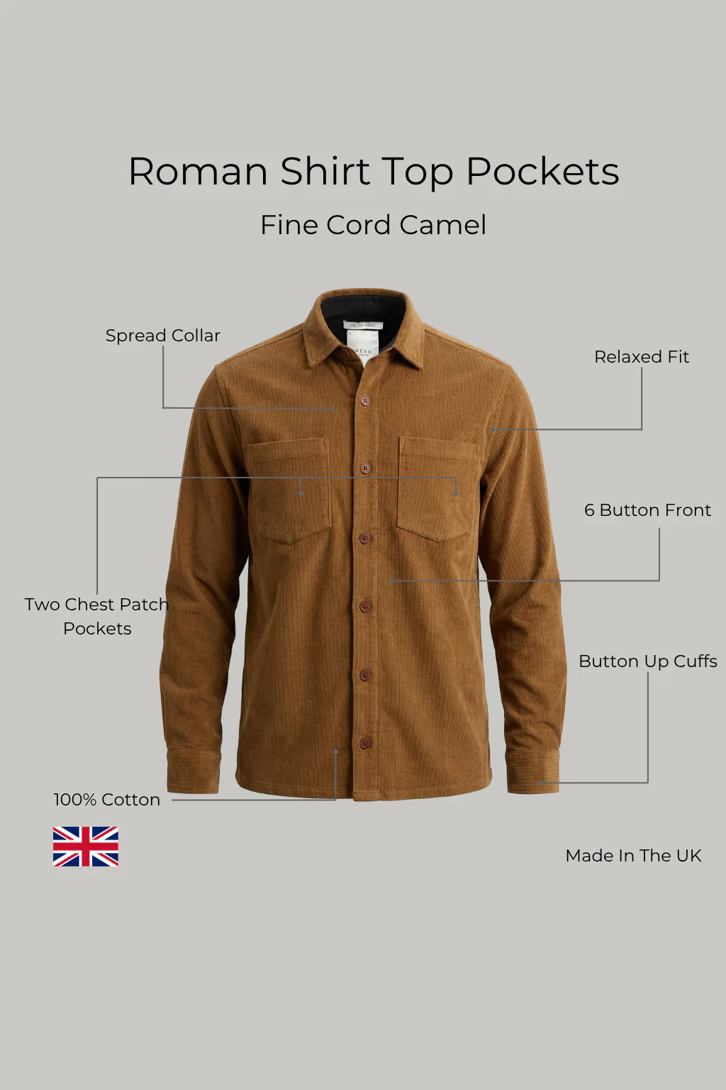 Roman Shirt Top Pockets - Fine Cord Camel - Image 3