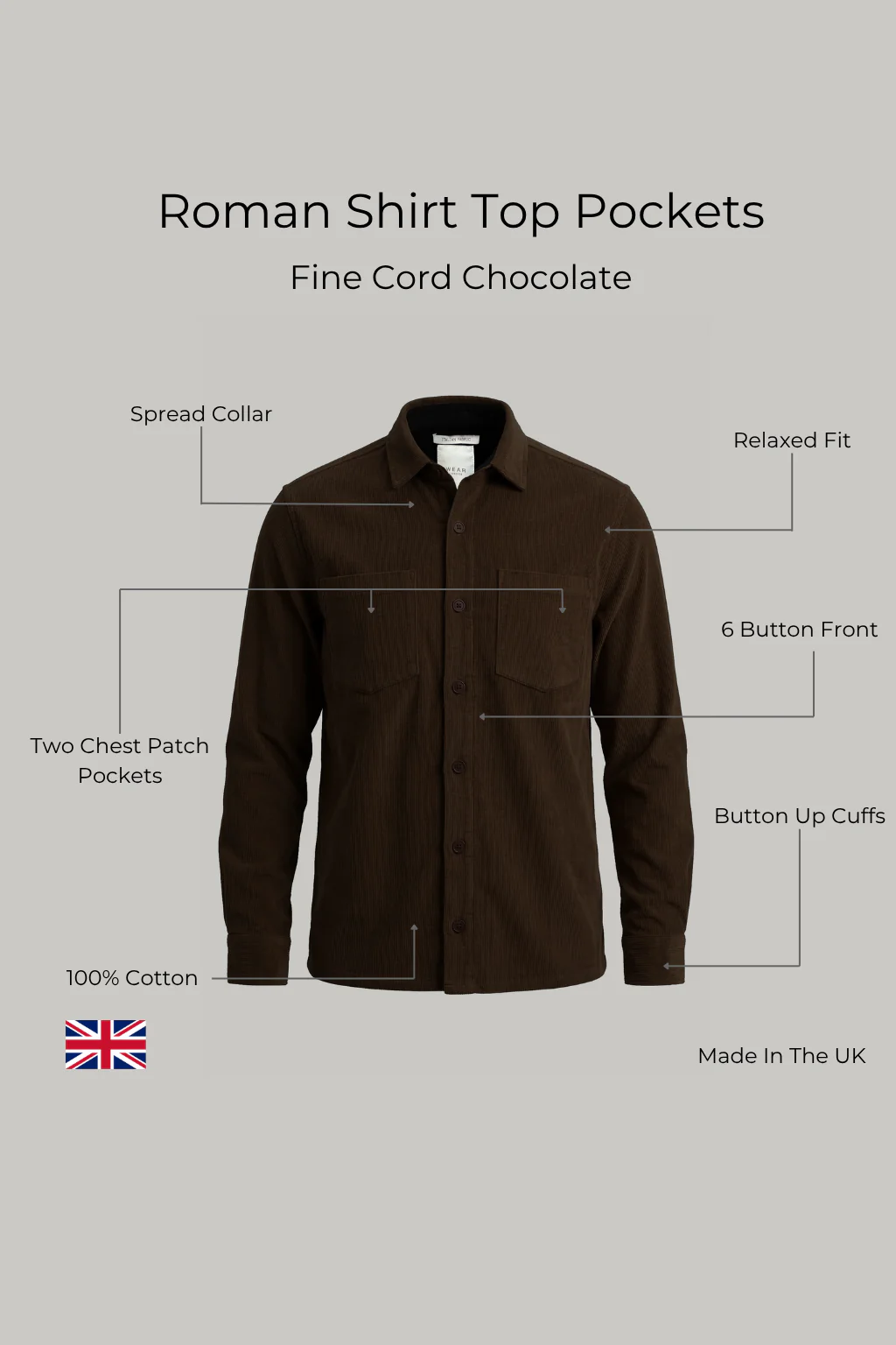 Roman Shirt Top Pockets - Fine Cord Chocolate - Image 3