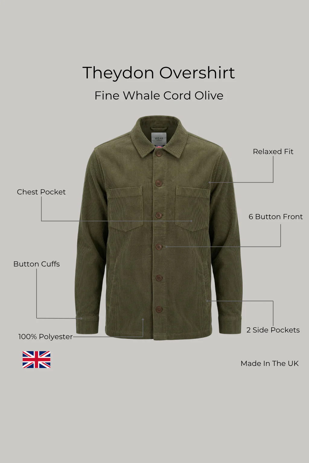 Theydon Overshirt - Fine Whale Cord Olive - Image 4